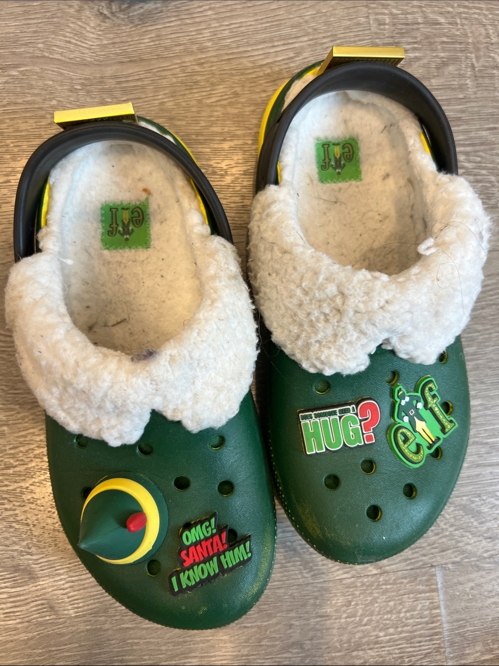 CROCS Kids Green Faux Fur Lined Holiday Clogs with Yellow Accents